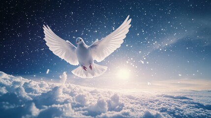 Obraz premium A peaceful scene with a dove flying across a bright, starry sky, symbolizing goodwill and peace on Earth, set against a tranquil snowy landscape.