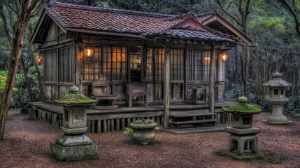 Fototapeta premium Tranquil Japanese Garden Cottage at Dusk