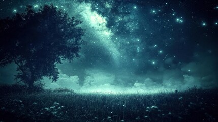 Fototapeta premium Night Sky with Stars and Galaxy over Meadow