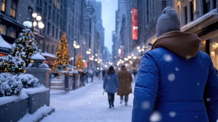 Obraz premium A snowy city street adorned with festive lights and bustling pedestrians, AI