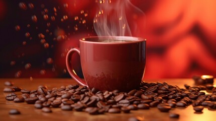 Steaming Cup of Coffee with Coffee Beans