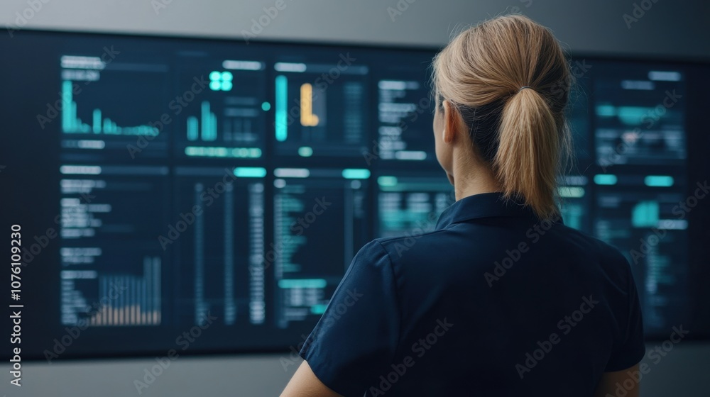 Poster a woman analyzes data displayed on multiple digital screens, showcasing various statistics and visua