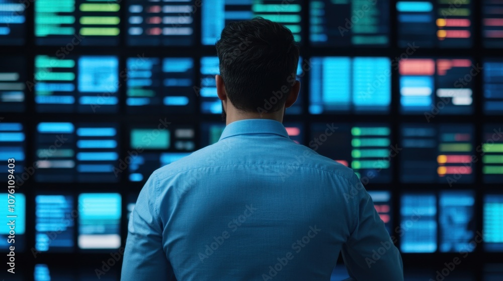 Poster a person observes a vibrant wall of digital screens displaying various data, immersed in a high-tech