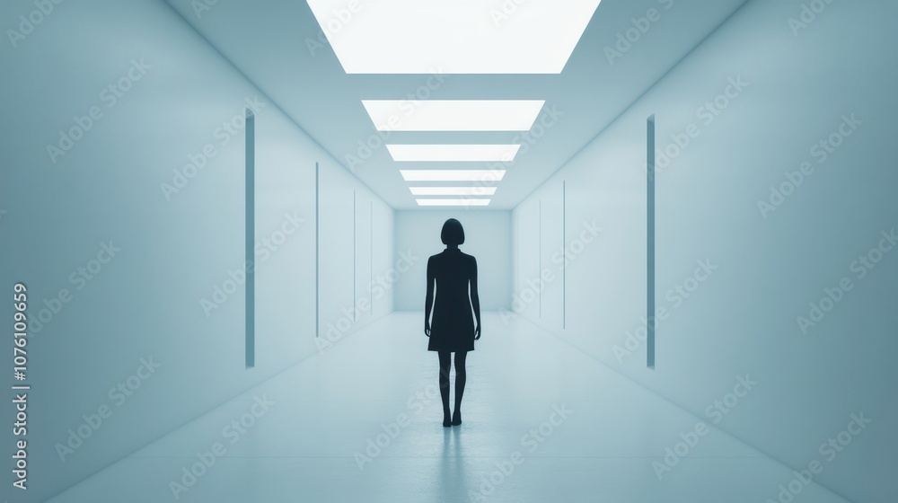 Poster a figure walks down a stark, minimalist corridor illuminated by overhead lights, emphasizing themes 