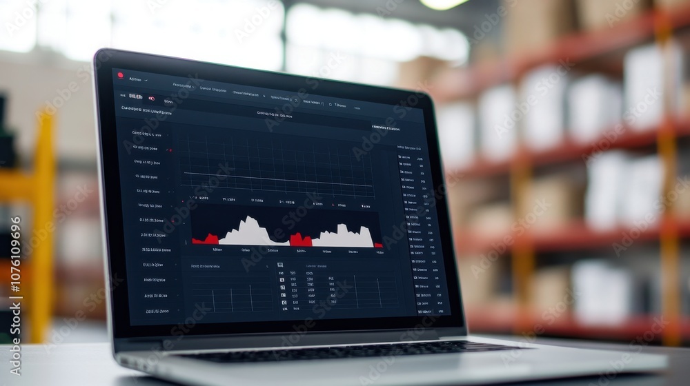 Poster a laptop displaying data analytics charts in a warehouse setting, highlighting productivity and tech