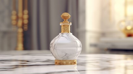 elegant perfume bottle mockup on luxurious marble surface soft diffused lighting enhances golden accents creating an atmosphere of opulence and sophistication