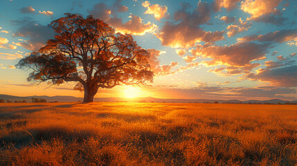 Fototapeta premium Golden Sunset Behind Majestic Lone Tree 