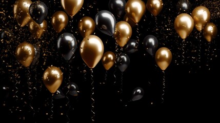 elegant gold balloons and shimmering confetti falling against a dramatic black background8k photography, 