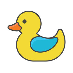 Yellow rubber duck toy illustration, Vector illustration of a classic yellow rubber duck with an orange beak and wing, symbolizing a bath toy and playful childhood item.
