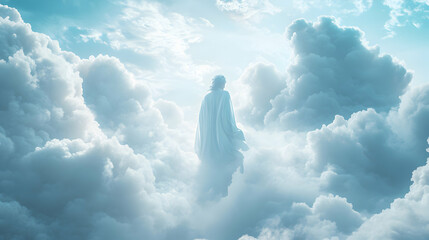 A Digital Illustration of a Figure in a White Robe Standing in the Clouds with a Bright Sky Above