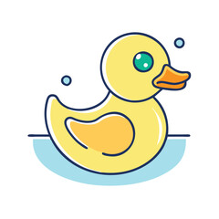 Yellow rubber duck toy illustration, Vector illustration of a classic yellow rubber duck with an orange beak and wing, symbolizing a bath toy and playful childhood item.
