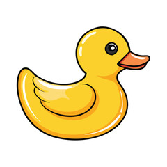 Yellow rubber duck toy illustration, Vector illustration of a classic yellow rubber duck with an orange beak and wing, symbolizing a bath toy and playful childhood item.

