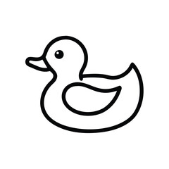 Rubber duck icon in black outline style, Vector illustration of a rubber duck toy shown in a simple black outline, representing a classic bath toy and playful design.
