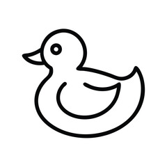 Rubber duck icon in black outline style, Vector illustration of a rubber duck toy shown in a simple black outline, representing a classic bath toy and playful design.
