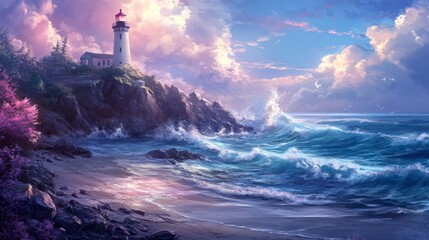 Serene Lighthouse by the Vibrant Ocean Waves