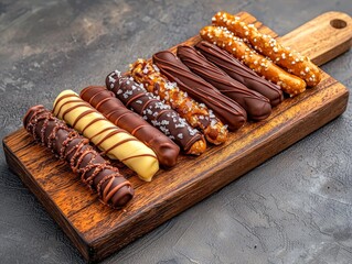 Deliciously Decorated Chocolate-Dipped Pretzels with Sea Salt Sprinkles on a Wooden Board, Perfect for Sweet Treat Lovers and Snack Enthusiasts