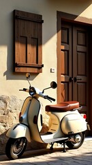 Vintage cream Vespa scooter parked by rustic wooden shutters in warm sunlight – photograph phone wallpaper