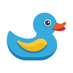 Blue rubber duck toy with orange beak, Vector illustration of a blue rubber duck featuring an orange beak and yellow wing, symbolizing a playful and colorful bath toy.
