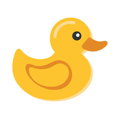 Yellow rubber duck toy illustration, Vector illustration of a classic yellow rubber duck with an orange beak and wing, symbolizing a bath toy and playful childhood item.
