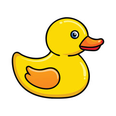 Yellow rubber duck toy illustration, Vector illustration of a classic yellow rubber duck with an orange beak and wing, symbolizing a bath toy and playful childhood item.
