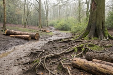 Fototapeta premium Muddy forest floor with exposed roots and fallen trees, landscape, ferns