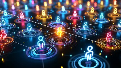 Grid of neon profile icons highlighting individuality in a social network, illustrating digital identity, online presence, social connectivity, personal branding and modern technology