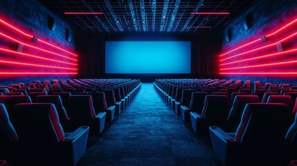 Expansive Cinema Hall Showcasing Rows of Luxurious Reclining Seats and a Large Screen with Vibrant Neon Lighting for an Immersive Movie Experience