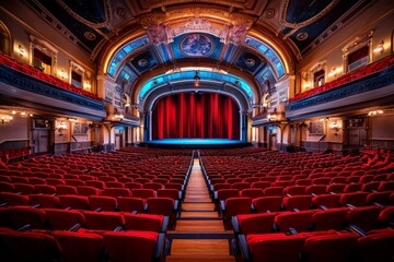 Expansive View of an Empty Theater Hall with Red Velvet Seats and a Stage Ready for Performance Under Dramatic Lighting