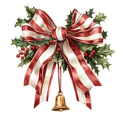 Celebrate the holidays with a beautiful red and white christmas bow adorned with holly and a bell