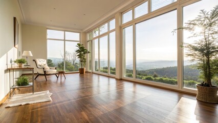 Fototapeta premium Bright and Airy Room with Large Window and Wooden Floor - Perfect for Interior Design Inspiration, Natural Light, Minimalist Decor, Cozy Atmosphere, and Home Styling Ideas