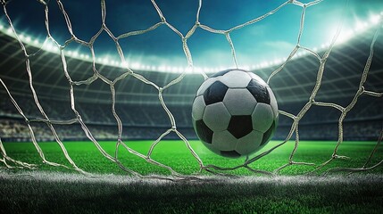 Naklejka premium A Soccer Ball Rests in the Net After Scoring a Goal During a Night Match in a Large Stadium Filled With Bright Lights
