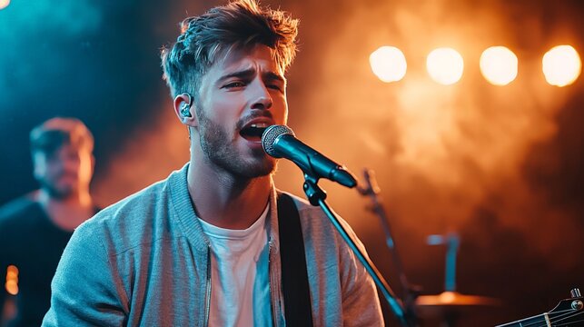 Dynamic Solo Artist Delivering an Engaging Performance with Band in a Rustic Setting Under Atmospheric Lighting Enhancing the Musical Experience