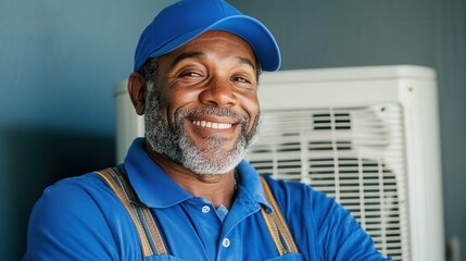 A Smiling Technician in a Blue Uniform Stands Confidently Beside an Air Conditioning Unit, Showcasing Expertise and Friendliness in a Modern Indoor Environment