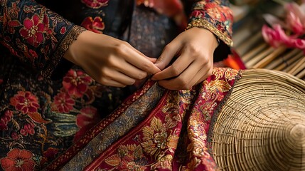 Fototapeta premium A close-up shot of a woman’s hands adjusting the silk sash of her Ao Tu Than dress, the intricate patterns and texture of the fabric captured in high detail,
