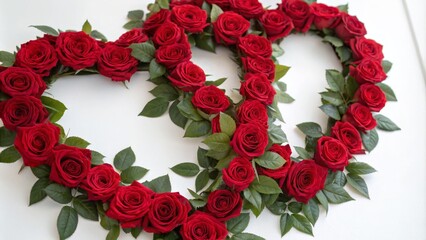 Close-Up of a Double Heart Wreath Crafted from Red Roses and Green Leaves on a Pure White Background, Perfect for Romantic Decor and Celebratory Occasions
