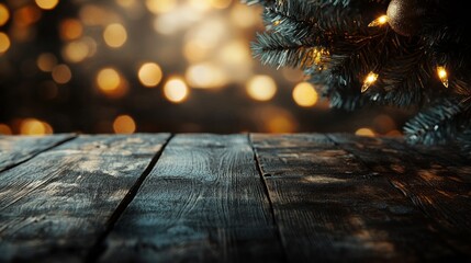 Rustic vintage christmas and new year background with empty dark wooden table display, featuring decorated christmas tree and blurred festive bokeh lights in warm cozy ambiance, ideal for holiday prod