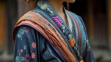 Obraz premium A close-up view of the Ao Tu Than dress, showcasing the intricate stitching and vibrant fabric, the silk sash tied elegantly at the waist, with the Non Quai Thao resting on the woman’s shoulder,