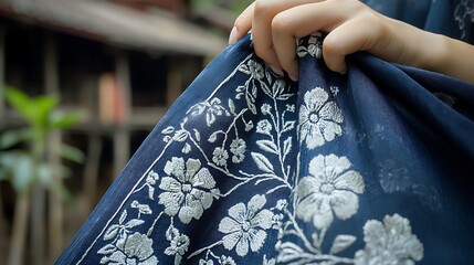A close-up view of the intricate embroidery on a Northern Vietnamese Ao Dai, focusing on delicate white patterns against the deep indigo fabric, the woman&rsquo;s hand resting on her embroidered scarf,