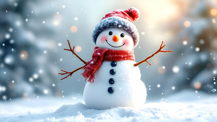 A snowman with a hat and scarf stands in front of a house. The scene is set in a snowy landscape, with the snowman being the main focus of the image and house in blur.