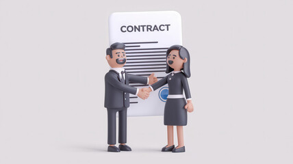 Businessman and woman shaking hands over contract, symbolizing agreement