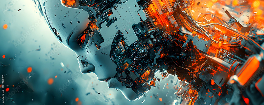 Poster a 3d render of a futuristic, decomposed machine head with glowing orange circuits