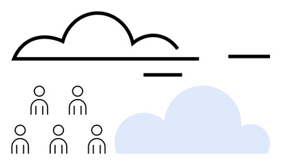 People symbols below black and light blue clouds with lines. Ideal for cloud computing, teamwork, collaboration, technology, networking, minimalistic design, modern communication. Line metaphor
