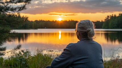 Contemplative woman enjoying a beautiful sunset over the horizon in serene atmosphere