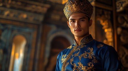 A regal image of a Vietnamese man in a royal blue Ao Dai with intricate gold motifs, wearing a traditional turban-like headpiece, standing inside a historical palace,