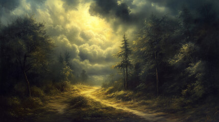 Naklejka premium A bright light breaking through dark clouds illuminating a narrow path in the forest