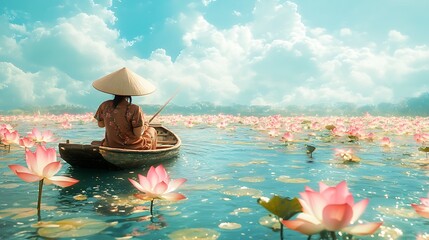 A Southern Vietnamese woman in a brown Ao Ba Ba, paddling a small wooden boat through a river filled with lotus flowers, the Non La shading her face from the midday sun,