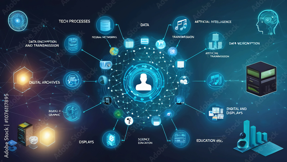 Poster tech processes, neural networks, artificial intelligence, data encryption and transmission, digital 