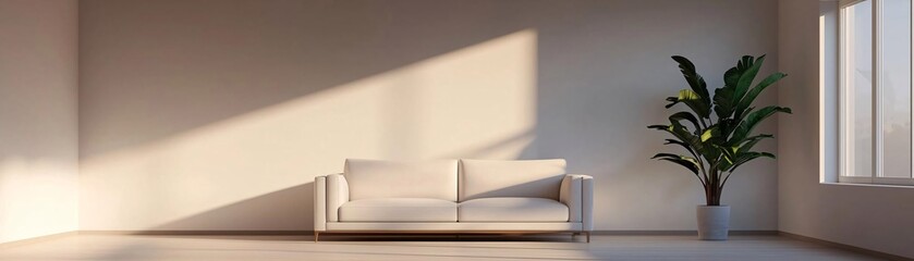 Modern living room featuring a stylish couch, natural light, and a vibrant indoor plant for a fresh ambiance.