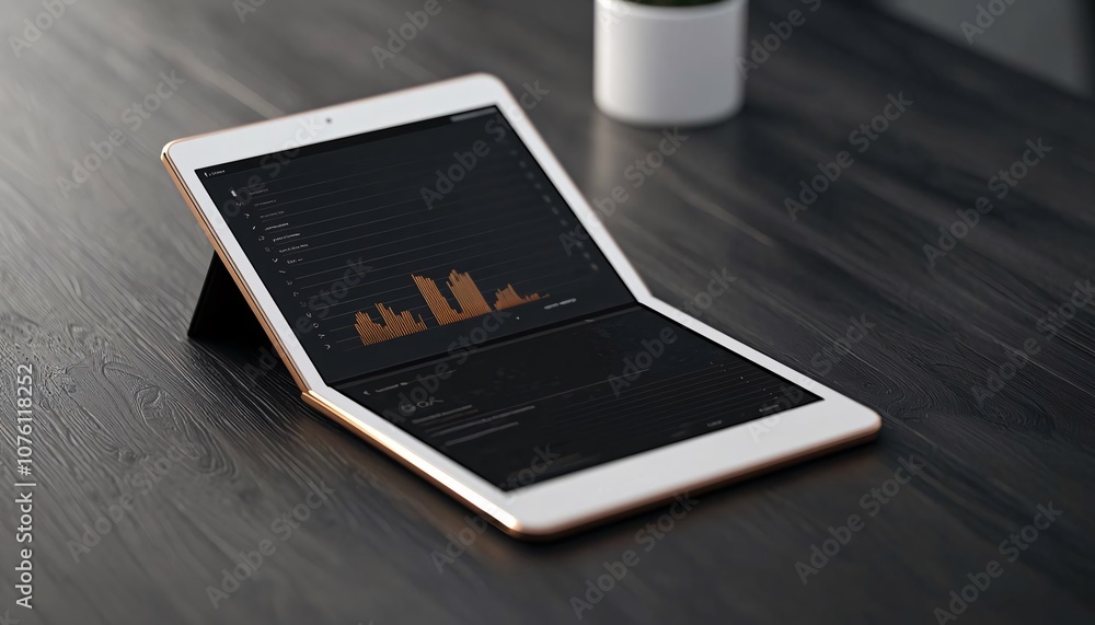 Poster sleek tablet displaying data analytics on a wooden desk with a cup in the background.