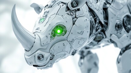 Fototapeta premium White Mechanical Rhinoceros with Glowing Green Eye